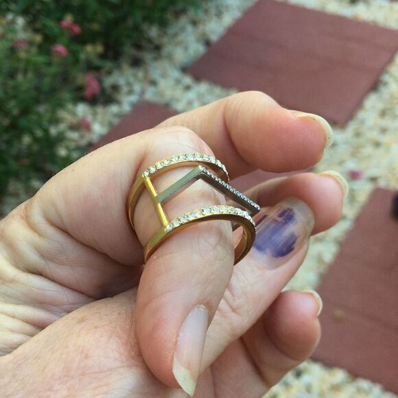 Stainless Steel Two Tone Crystal Art Deco Ring Size 8 - Picture 8 of 10